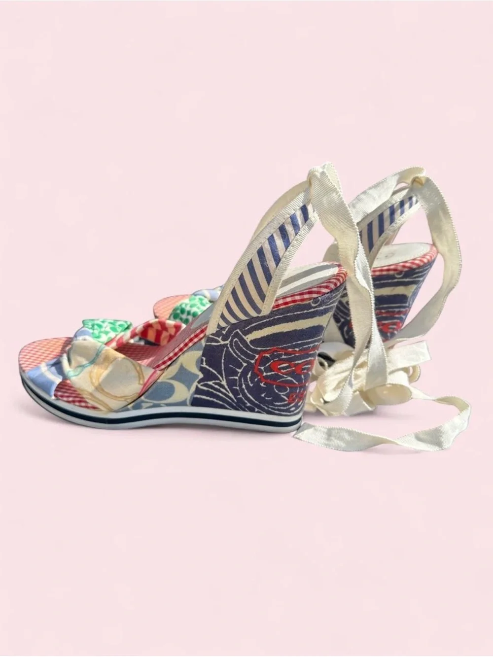 Coach Red Gingham & Multicolor Scarf-Knot Tie-Wrap Wedge Sandals